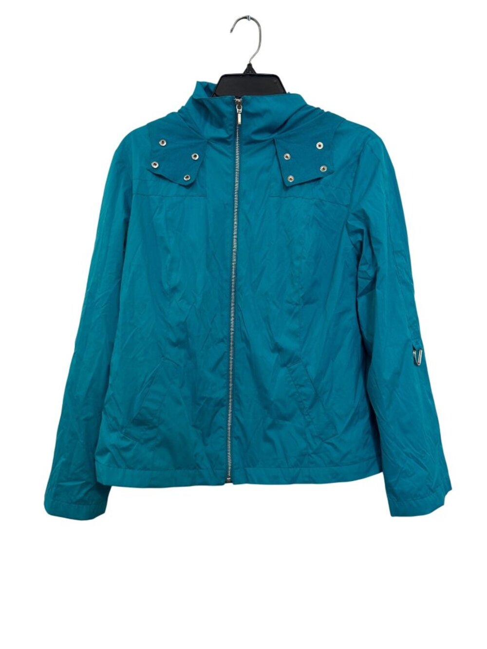 Chicos Zenergy Teal Hooded Jacket With Silver Accents Size 1